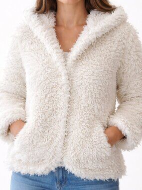 Free People One Zuri Parka Womens Small Cream Fuzzy Teddy Hooded Jacket